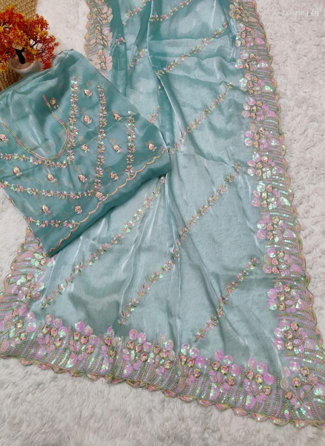 Jimmi Choo Sky Blue Traditional Wear Sequinned Saree